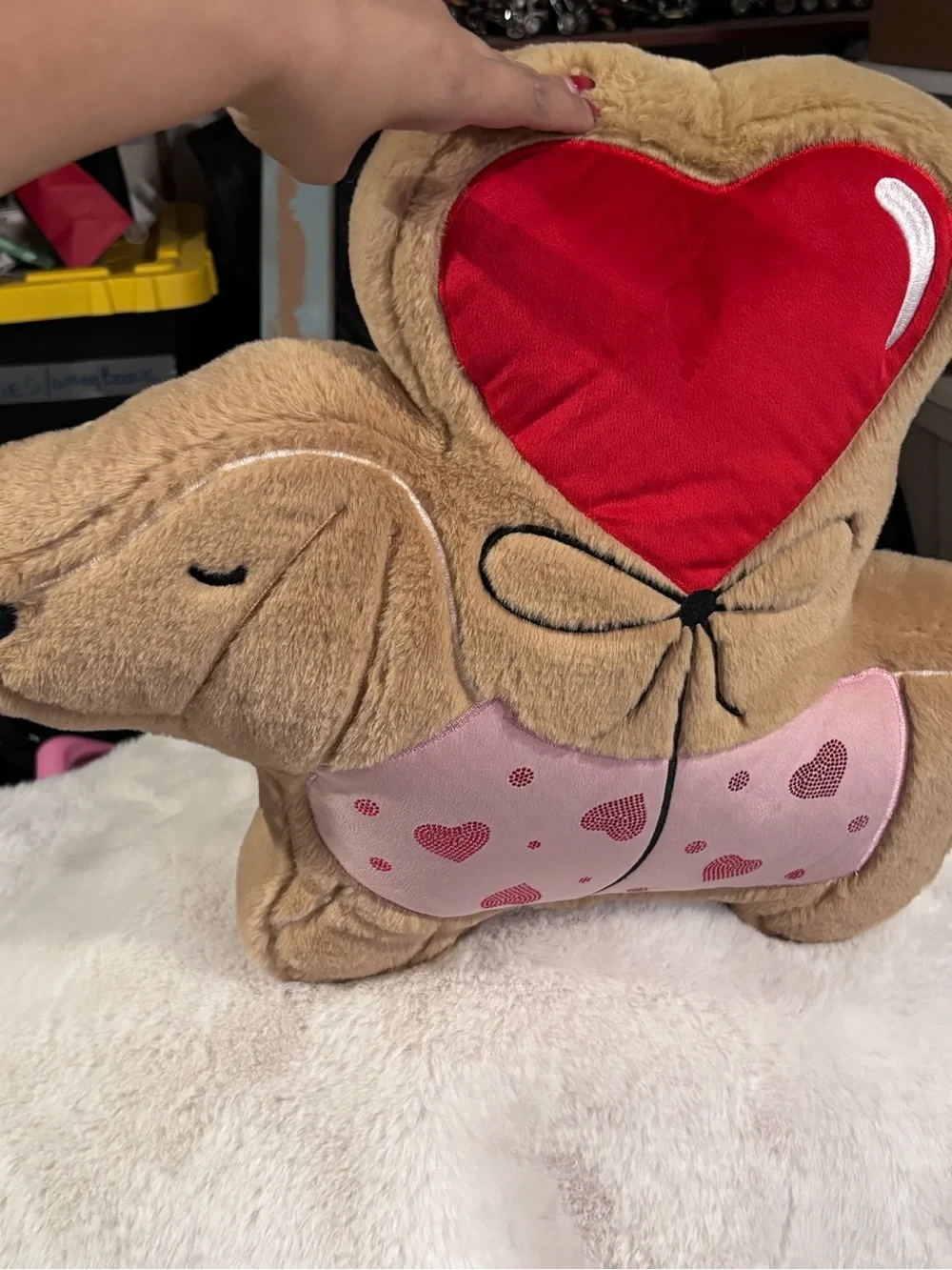 Brown Plush dachshund Pillow with Pink Heart Panel and Red Heart Balloon